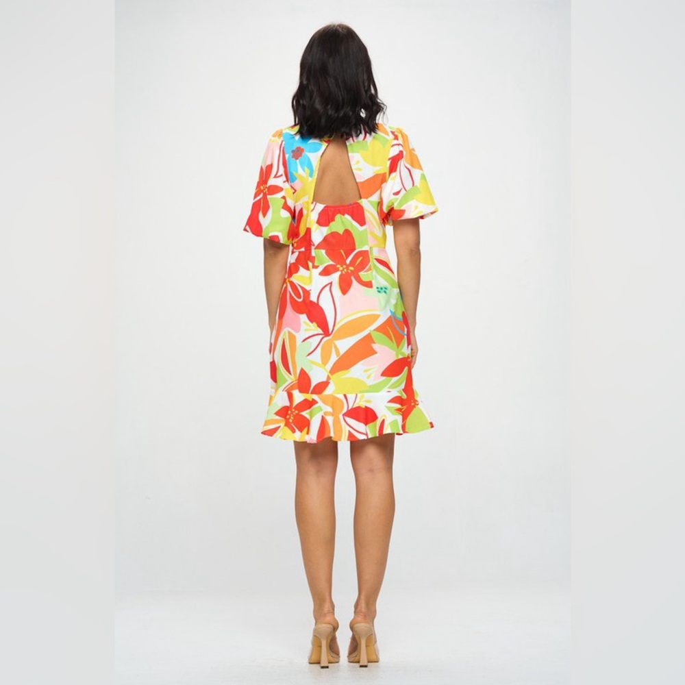 Vibrant Multi-Color Wrap Mini Dress with Ruffle Hem - Picture 5 of 5